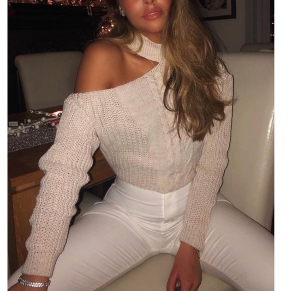 Sweaters - Ivory Cold Shoulder Choker Neck Cable Knit Sweater